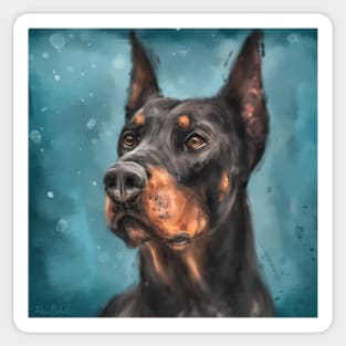 Painting of a Gorgeous Black and Gold Doberman on Dark Blue Background Sticker